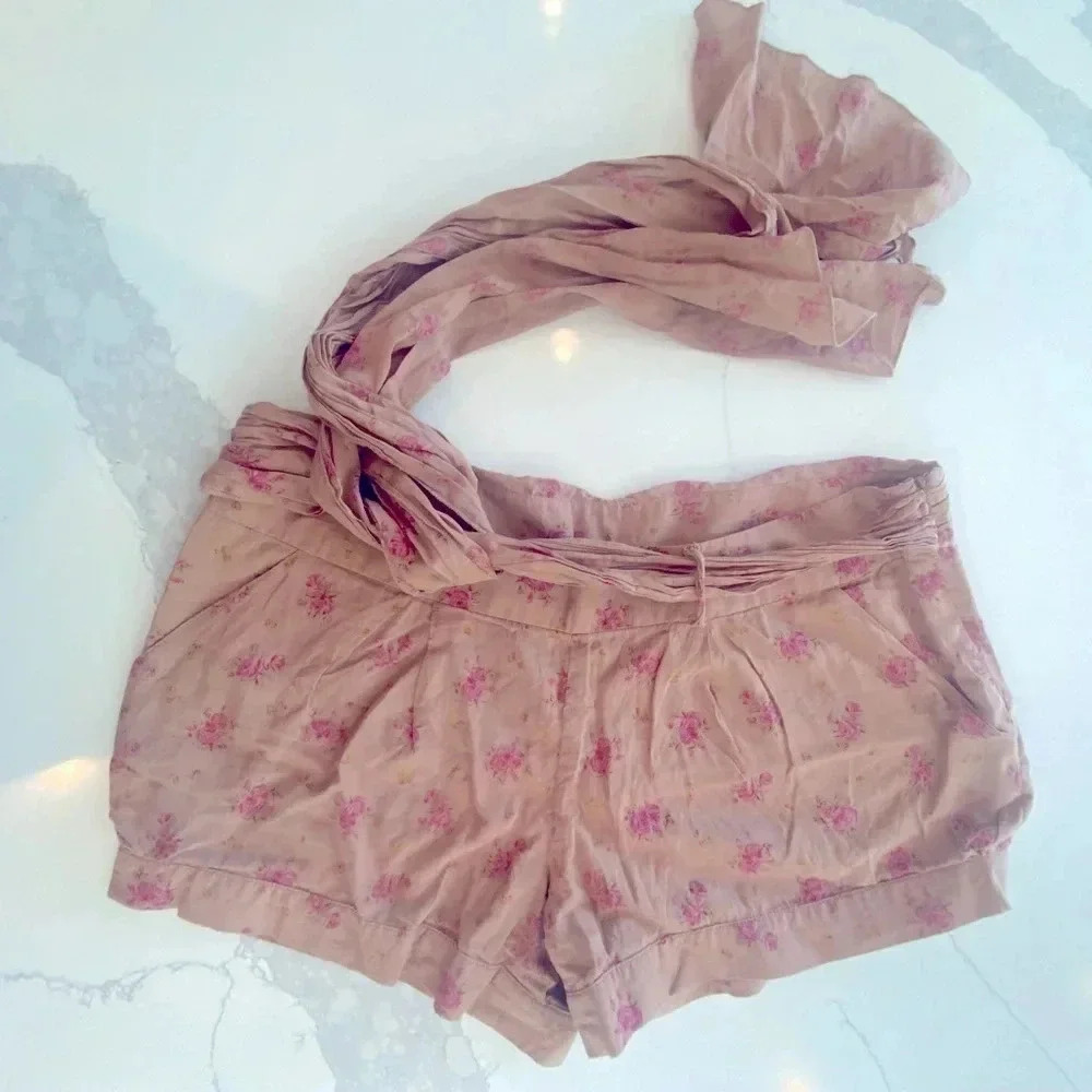 Floral Tie Waist Cotton Shorts Pink Rose Cuffed Summer Garden Party Wm Small EUC